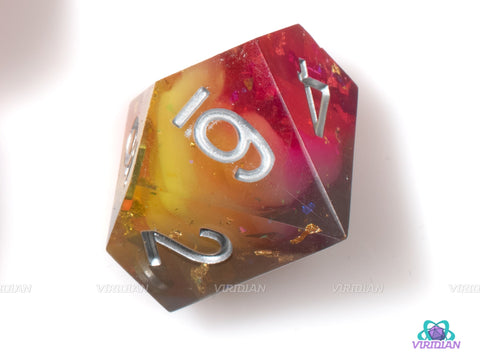 Delicious Pie +1 | Sharp-Edged w/ Foil | Pink, Yellow Translucent, Glittery Resin Dice Set (7)