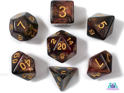 Philosopher's Stone | Red, Black, Gold Glitter Acrylic Dice Set (7) | Dungeons and Dragons (DnD)