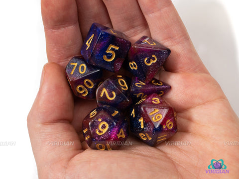 Galactic Fireworks | Red, Blue and Purple Glitter Acrylic Dice Set (7) | Dungeons and Dragons (DnD)