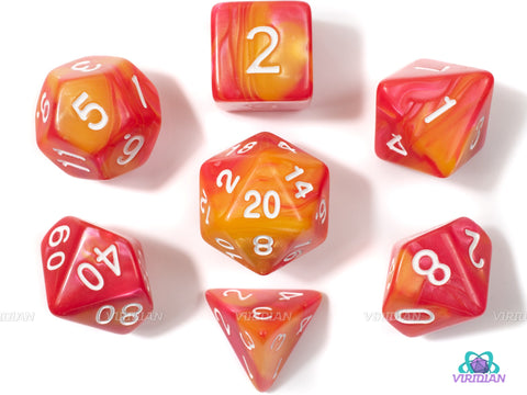 Orchards & Flowers | Red Orange Swirl Acrylic Dice Set (7) | Dungeons and Dragons (DnD) | Tabletop RPG Gaming