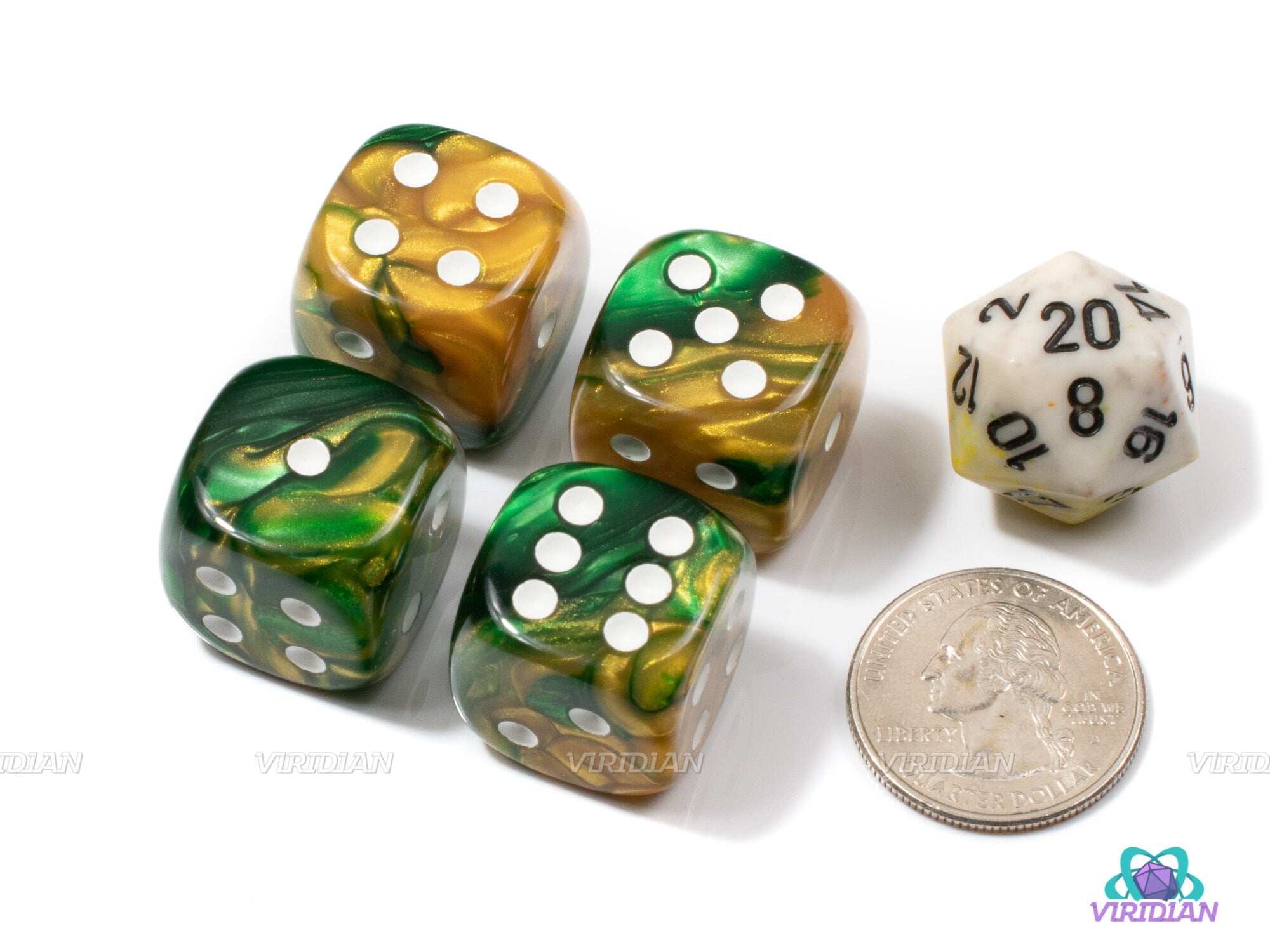 Gemini Green/Gold & White (Set of 4) | 20mm Large Acrylic Pipped D6 Die (4) | Chessex