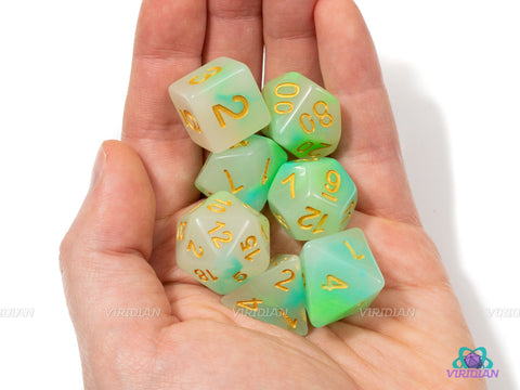 Myxapia | Green, Blue and White Jade Acrylic Dice Set (7) | Dungeons and Dragons (DnD)