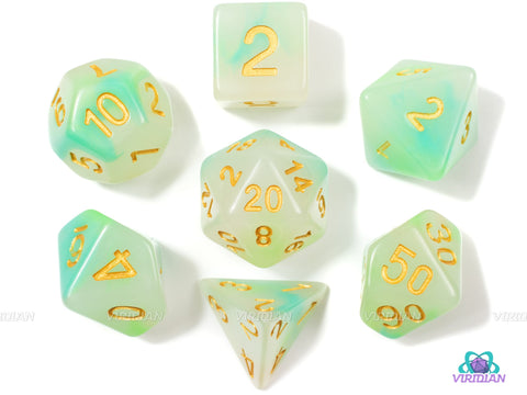 Myxapia | Green, Blue and White Jade Acrylic Dice Set (7) | Dungeons and Dragons (DnD)