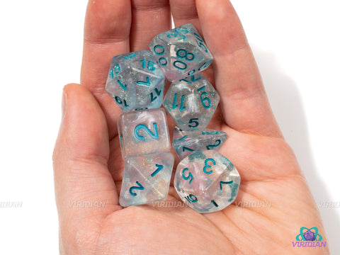 Icestorm | Clear Glitter w Blue Numbers Acrylic Dice Set (7) | Dungeons and Dragons (DnD)