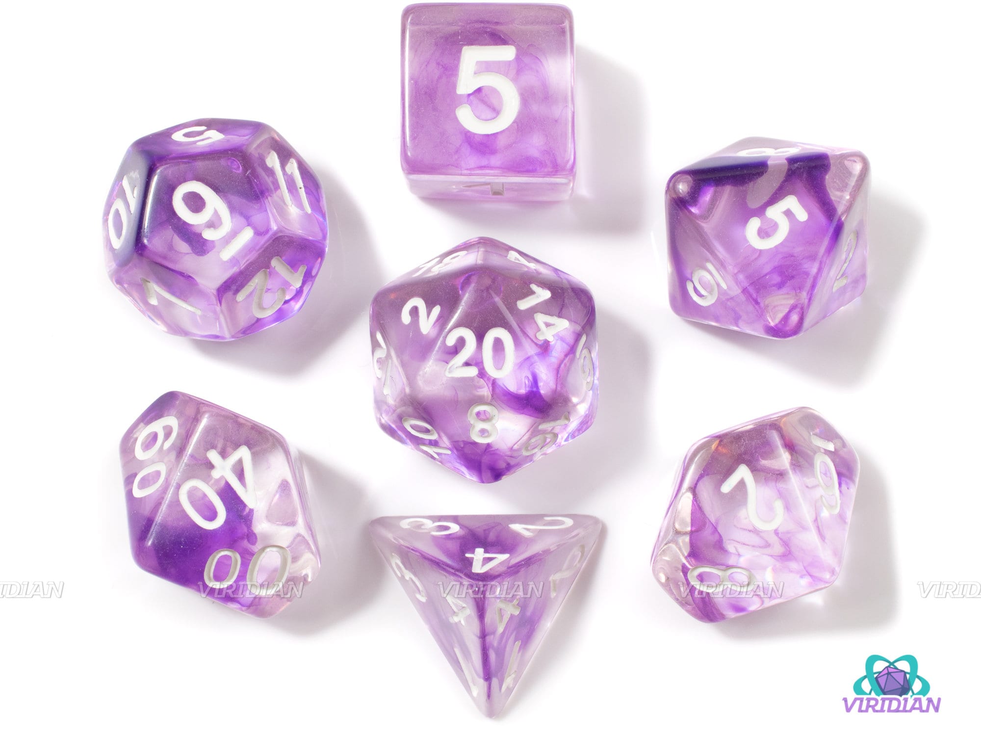 Cloudkill | Purple Nebula Transparent Acrylic Dice Set (7) | Dungeons and Dragons (DnD)