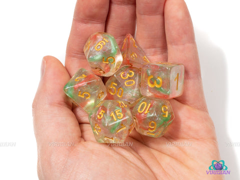 Tectonic Break | Red & Green Transparent Iridescent Acrylic Dice Set (7) | Dungeons and Dragons (DnD)