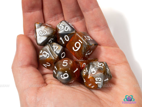Warforged | Grey, Orange and Brown Swirled Acrylic Dice Set (7) | Dungeons and Dragons (DnD)