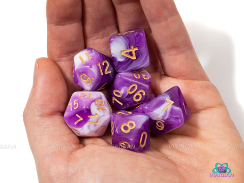 Cineraria | Purple and White Swirled Acrylic Dice Set (7) | Dungeons and Dragons (DnD)