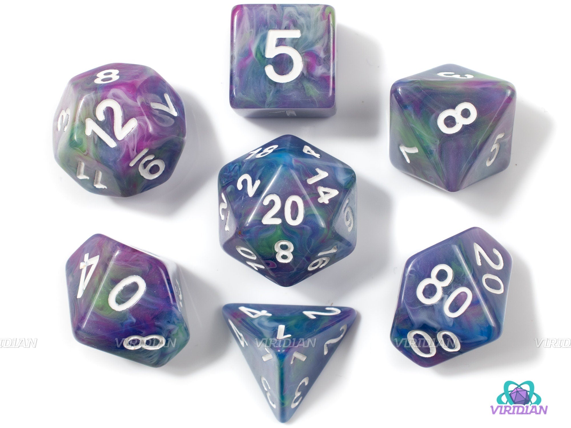 Pastel Nebula  | Green, Purple, Pink, Blue Swirled Acrylic Dice Set (7) | Dungeons and Dragons (DnD)