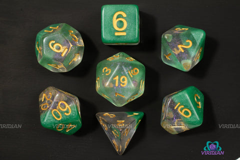 Dew Dream | Green Layer Glitter Transparent Acrylic Dice Set (7) | Dungeons and Dragons (DnD)