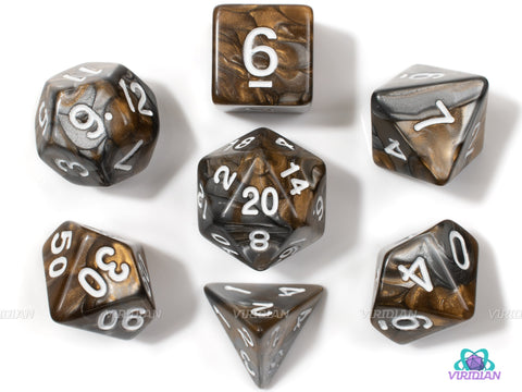 Mined Ore | Grey, Gold & Silver Swirled Acrylic Dice Set (7) | Dungeons and Dragons (DnD)