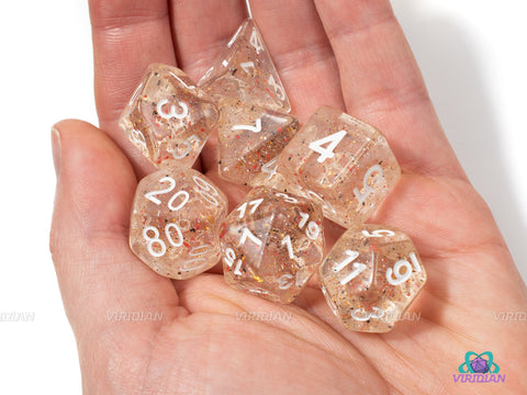Champagne | Clear, Gold Glitter, Black and Red Speckled Acrylic Dice Set (7) | Dungeons and Dragons (DnD)