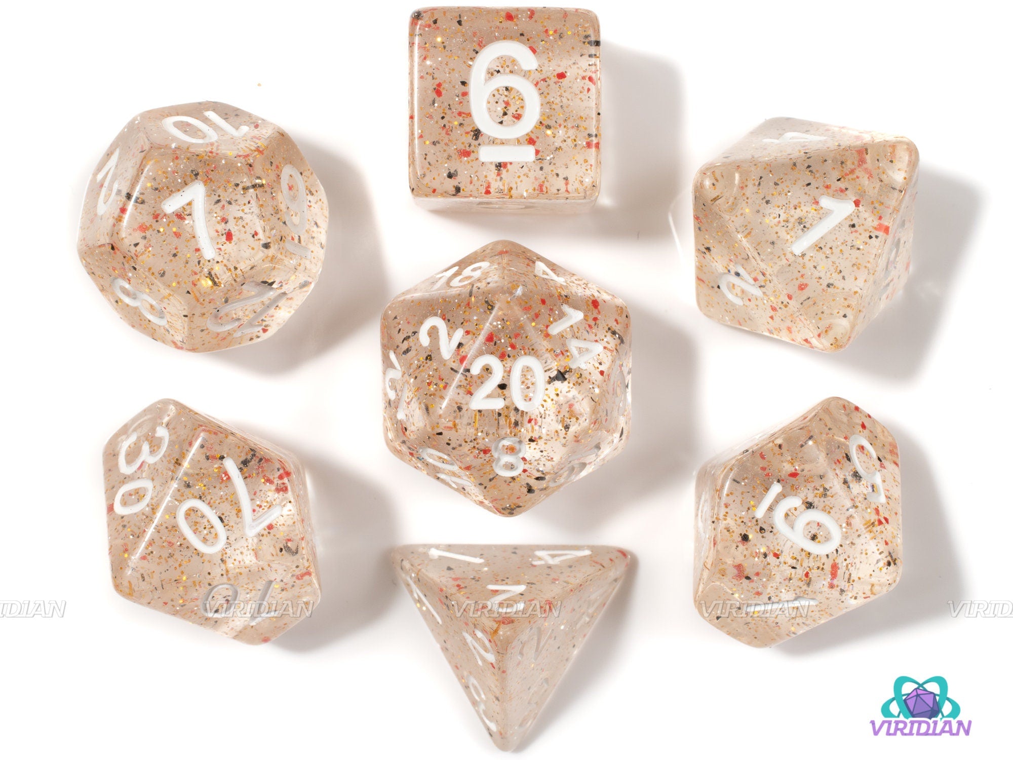 Champagne | Clear, Gold Glitter, Black and Red Speckled Acrylic Dice Set (7) | Dungeons and Dragons (DnD)