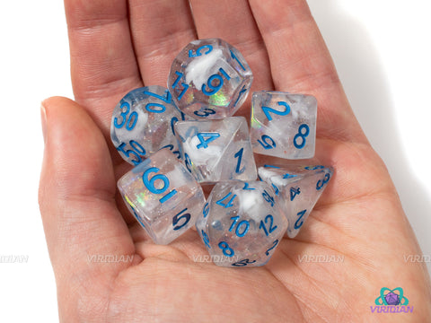 Ice Shard | Blue Iridescent Translucent Glitter Acrylic Dice Set (7) | Dungeons and Dragons (DnD)