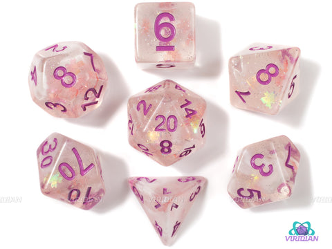 Pink Notes | Translucent Glitter Acrylic Dice Set (7) | Dungeons and Dragons (DnD)