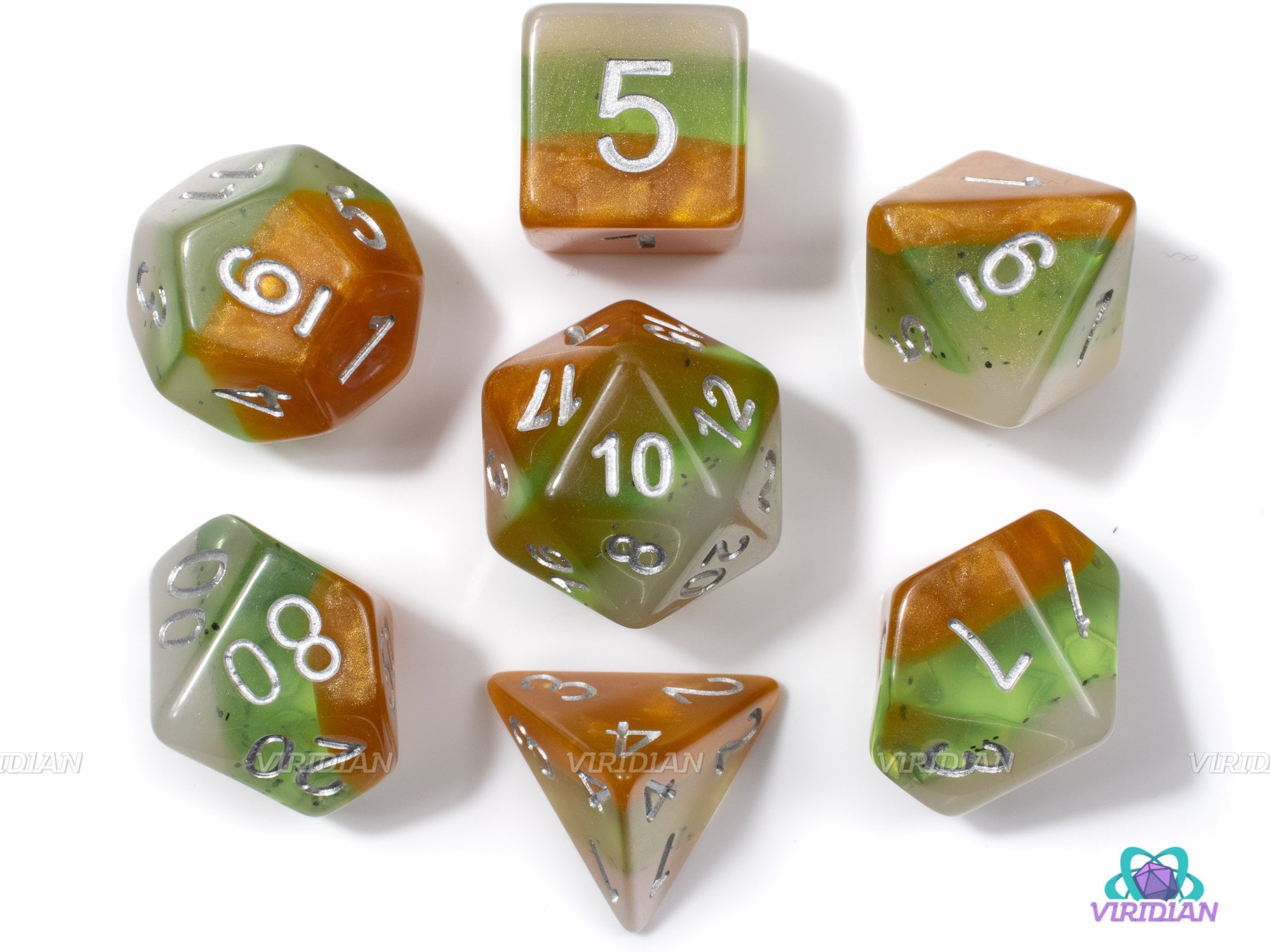 Key Lime Pie | Brown, Green, White, Speckled Layered Acrylic Dice Set (7) | Dungeons and Dragons (DnD)