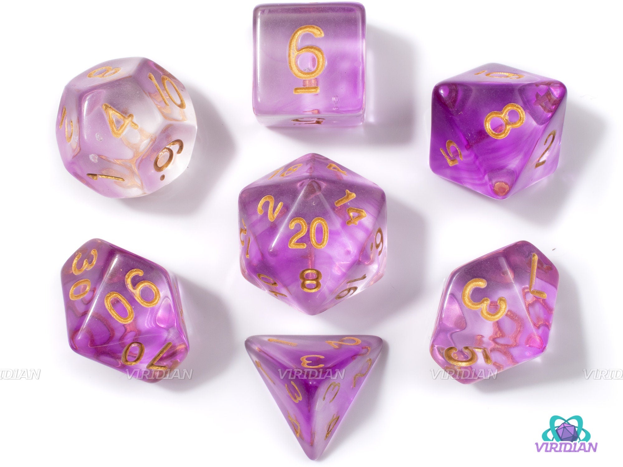 Ooze Jam | Magenta-Pink and Light Purple Nebula/Filled Milky Clear/Transparent | Acrylic Dice Set (7)