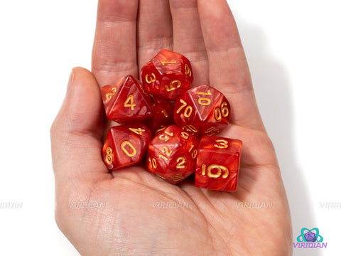 Red Pearl | Pearled w Gold Ink Swirled Acrylic Dice Set (7) | Dungeons and Dragons (DnD)