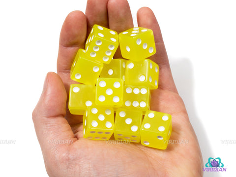 Lemon Glow In The Dark | (12) 16mm Acrylic Yellow Pipped D6 Dice