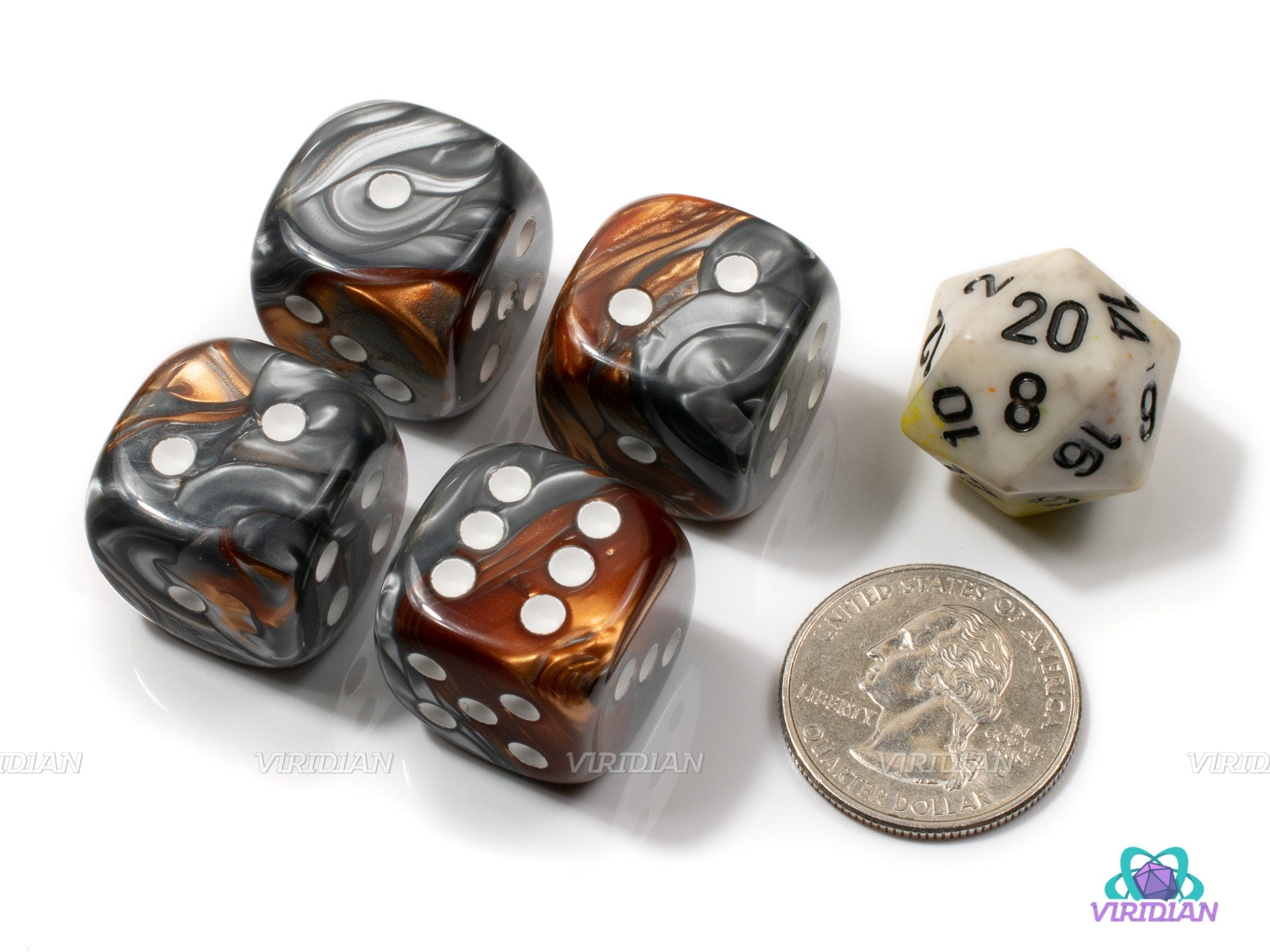 Gemini Copper/Steel & White (Set of 4) | 20mm Large Acrylic Pipped D6 Die (4) | Chessex
