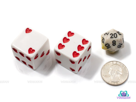 Sweetheart Dice | 25mm Large Red/White Acrylic Heart Pipped D6 Dice (2)