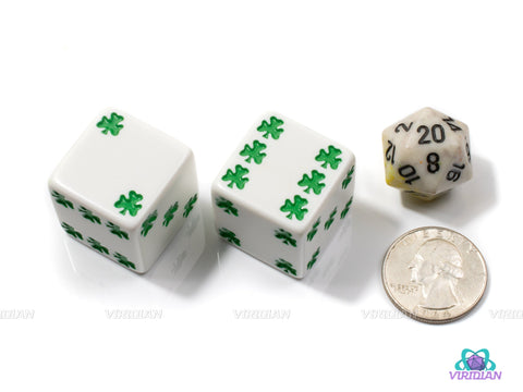 Lucky Dice | 25mm Large Acrylic Green/White Shamrock Pipped D6 Dice (2)