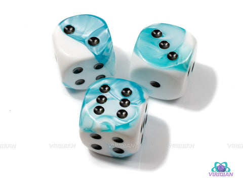 Gemini Teal-White/Black | 30mm Large Acrylic Pipped D6 Die (1) | Chessex