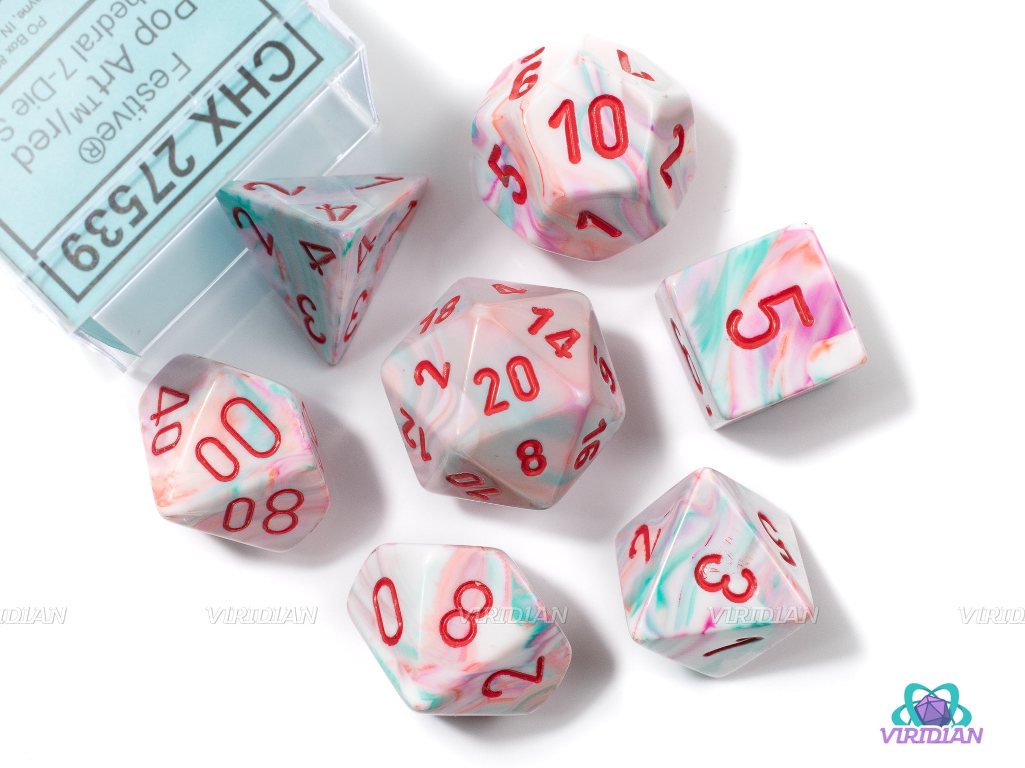 Festive Pop Art (Red Ink) | Pastels, Pink, White, Green, Blue | Chessex Dice Set (7)