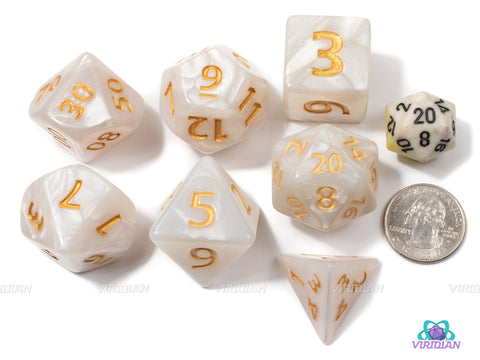 Divine Intervention | Giant Pearl White Swirl Acrylic Dice Set (7) | Dungeons and Dragons (DnD)