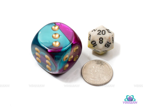 Gemini Purple-Teal/Gold | 30mm Large Acrylic Pipped D6 Die (1) | Chessex