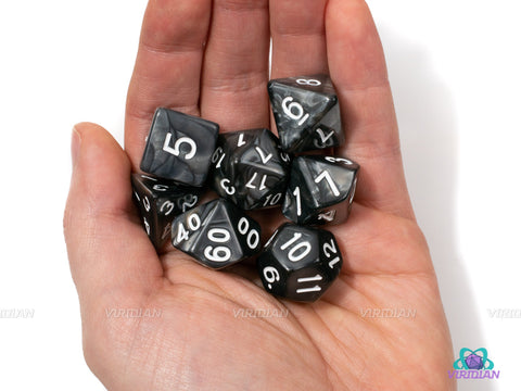Rogue's Shadow | Pearled Black Swirled Acrylic Dice Set (7) | Dungeons and Dragons (DnD)