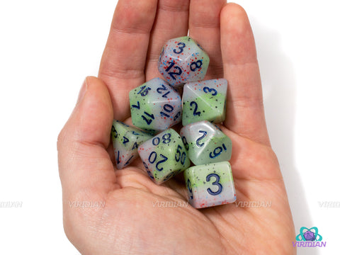 Hyacinth Seed (Blue Ink) | Purple Green Speckled Acrylic Dice Set (7) | Dungeons and Dragons (DnD)