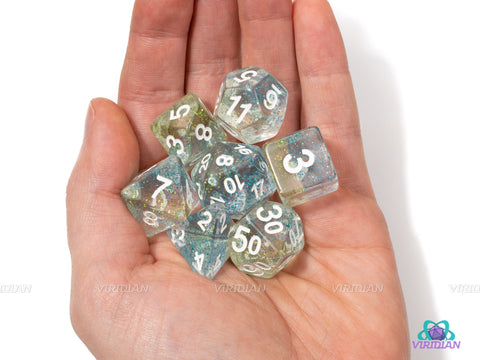 Wellspring | Clear with Green and Blue Speckles Acrylic Dice Set (7) | Dungeons and Dragons (DnD)