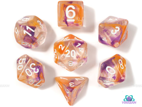 Ametrine Quartz | Purple & Orange Layered Acrylic Dice Set (7) | Dungeons and Dragons (DnD)