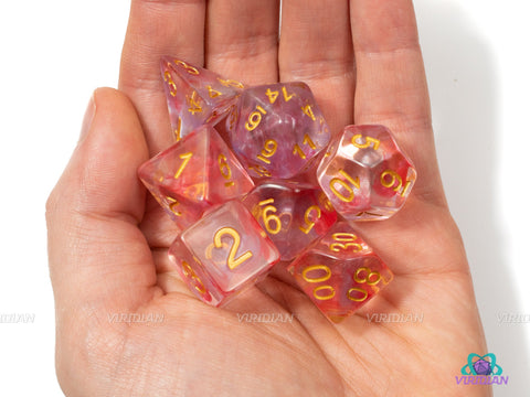 Healing Word | Red, Pink Clear Nebula Acrylic Dice Set (7) | Dungeons and Dragons (DnD)
