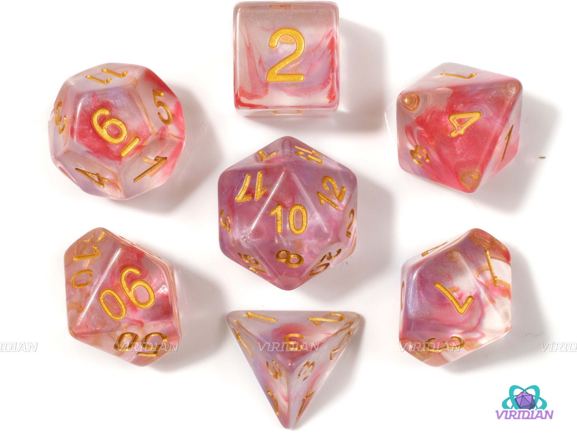 Healing Word | Red, Pink Clear Nebula Acrylic Dice Set (7) | Dungeons and Dragons (DnD)