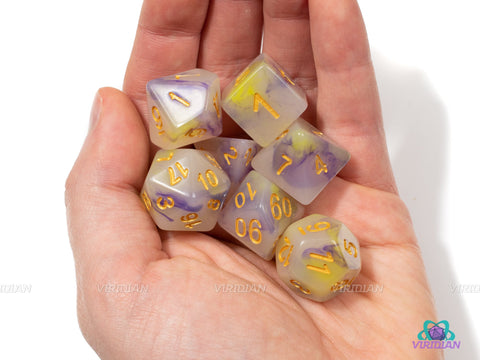 Caustic Mist | Yellow, Purple & White Jade Acrylic Dice Set (7) | Dungeons and Dragons (DnD)