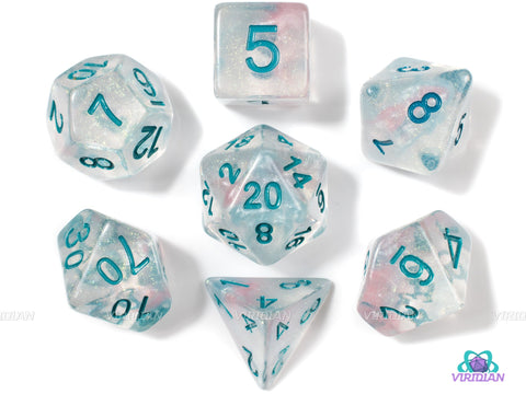 Icestorm | Clear Glitter w Blue Numbers Acrylic Dice Set (7) | Dungeons and Dragons (DnD)