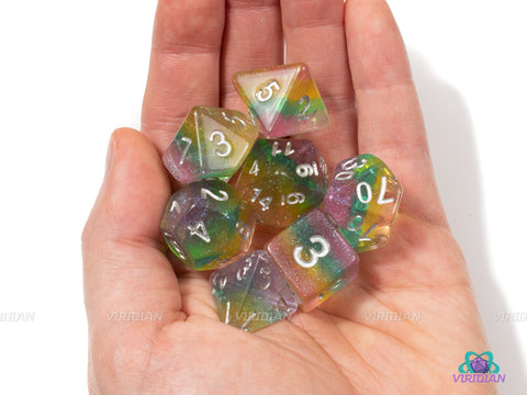 Sour Rainbow | Rainbow Glitter Layered Acrylic Dice Set (7) | Dungeons and Dragons (DnD)