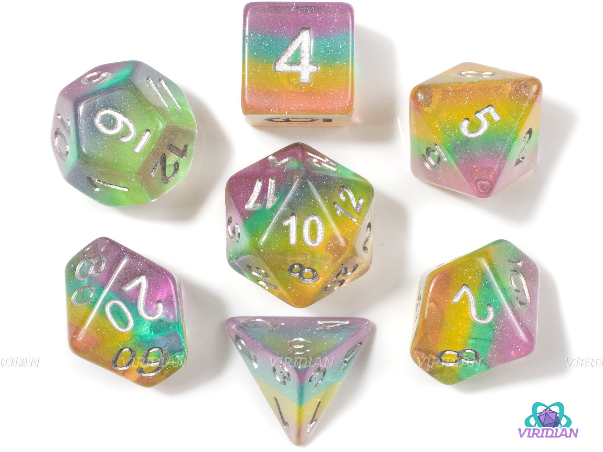 Sour Rainbow | Rainbow Glitter Layered Acrylic Dice Set (7) | Dungeons and Dragons (DnD)