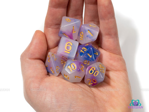 Mysterious Elixir | Pearled Blue, Purple and White Acrylic Dice Set (7) | Dungeons and Dragons (DnD)