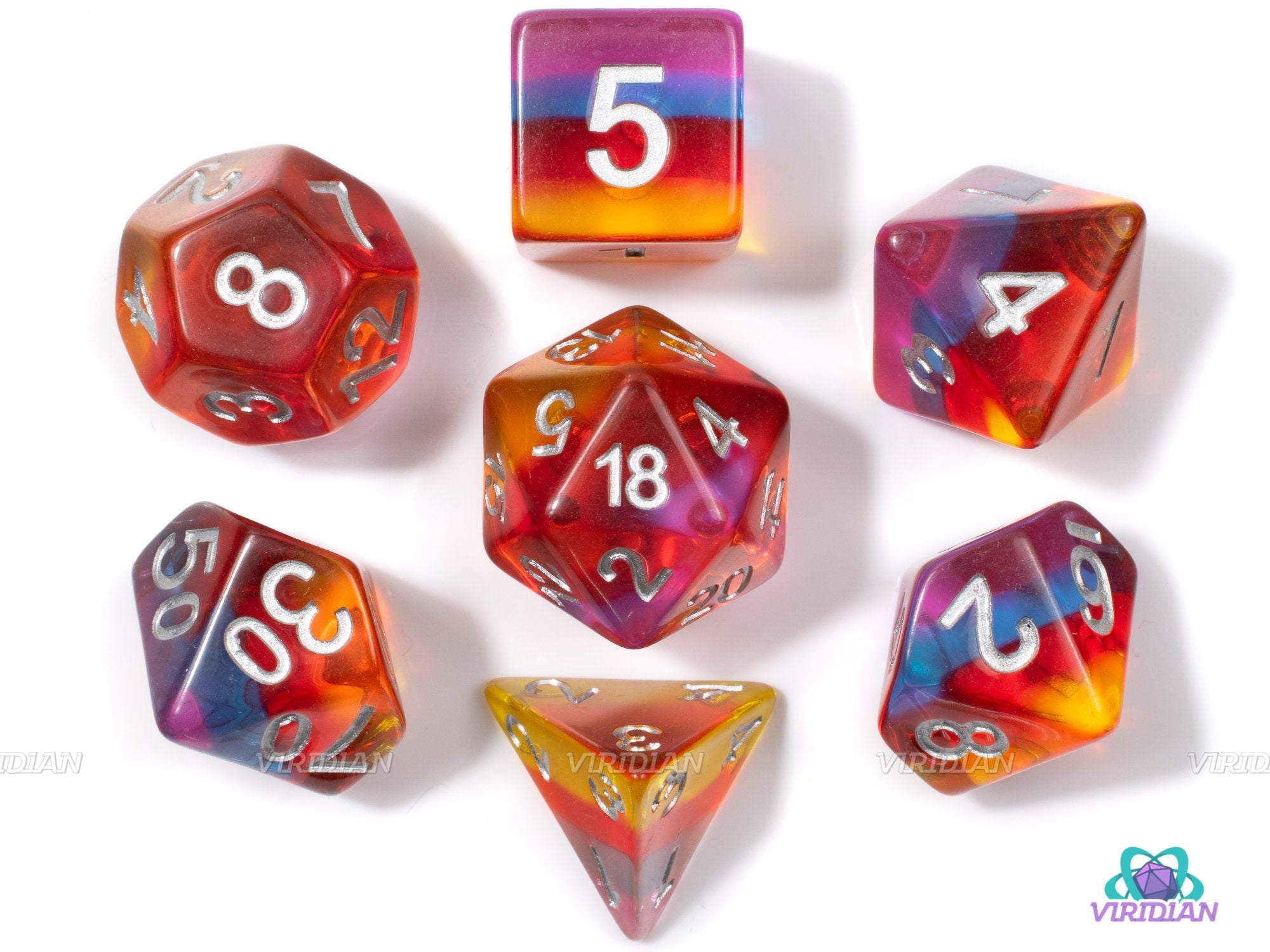 Chromatic | Red, Yellow, Blue & Purple Layered Acrylic Dice Set (7) | Dungeons and Dragons (DnD)