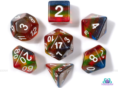 Rainbow Sparkles | Red, Yellow, Green and Blue Glittery Layered Acrylic Dice Set (7) | Dungeons and Dragons (DnD)