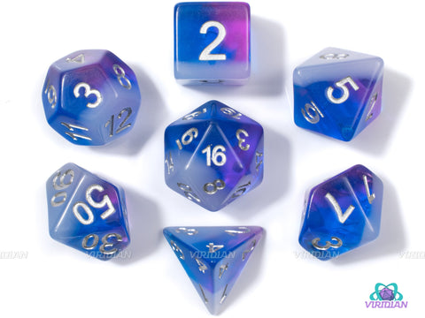 Snowy Horizon  | Purple, Blue & White Translucent Layered Acrylic Dice Set (7) | Dungeons and Dragons (DnD)