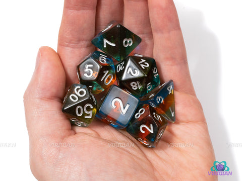 Parallel Planes | Blue and Orange Layered Acrylic Dice Set (7) | Dungeons and Dragons (DnD)