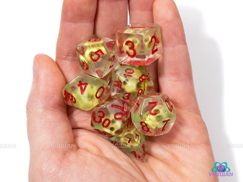 Ray of Sickness | Skull with Green Swirl Inside Resin Dice Set (7) | Dungeons and Dragons (DnD)
