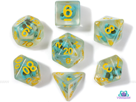 Frostbite | Blue Skull Inside Clear Resin Dice Set (7) | Dungeons and Dragons (DnD)