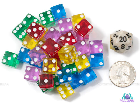 Rainbow Brick | (36) 12mm Wargaming Acrylic Square Corners Translucent Multicolor Pipped D6 Dice