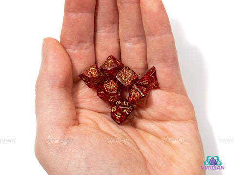 Mini Glitter Ruby Red & Gold | 10mm Acrylic Dice Set (7) | Chessex