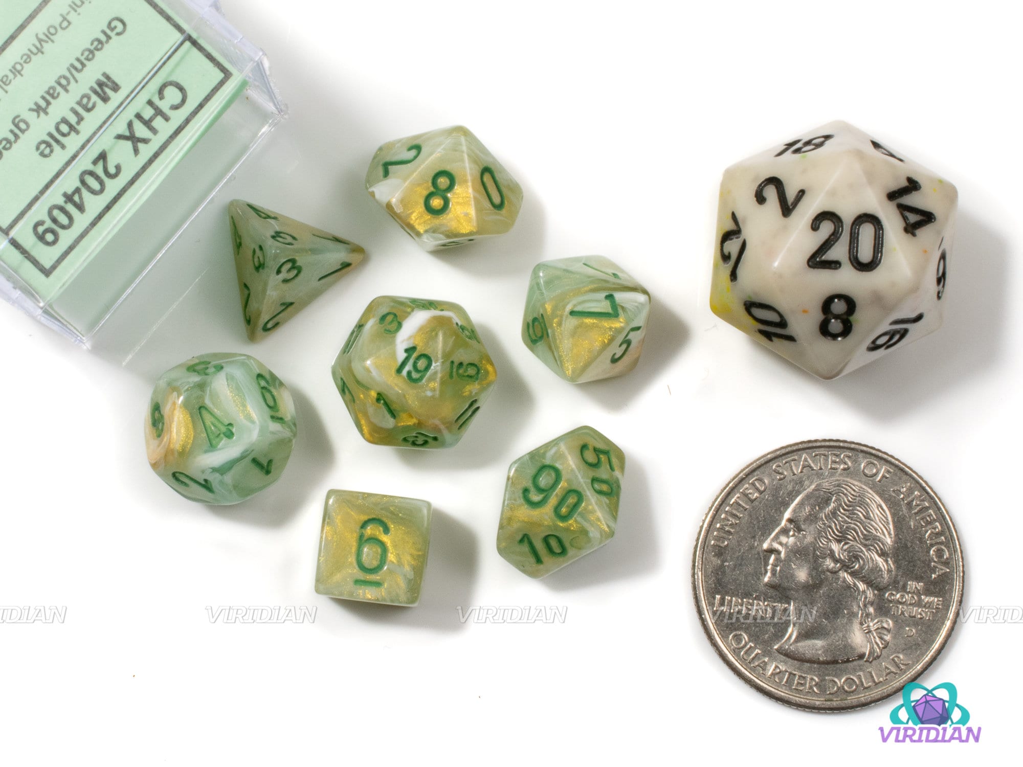 Mini Marble Green & Dark Green | 10mm Gold White Swirled Acrylic Dice Set (7) | Chessex
